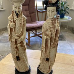 Vintage Oriental Man And Woman 1 Foot Statues 