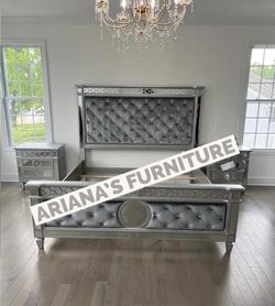 new queen grey velvet bed + 2 nightstand