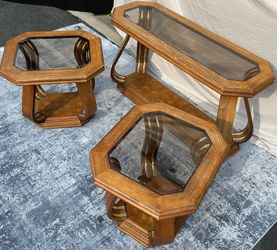 *Delivery Available* Vintage Oak & Smoked Glass 3-Piece Table Set – Sofa Table + 2 End Tables