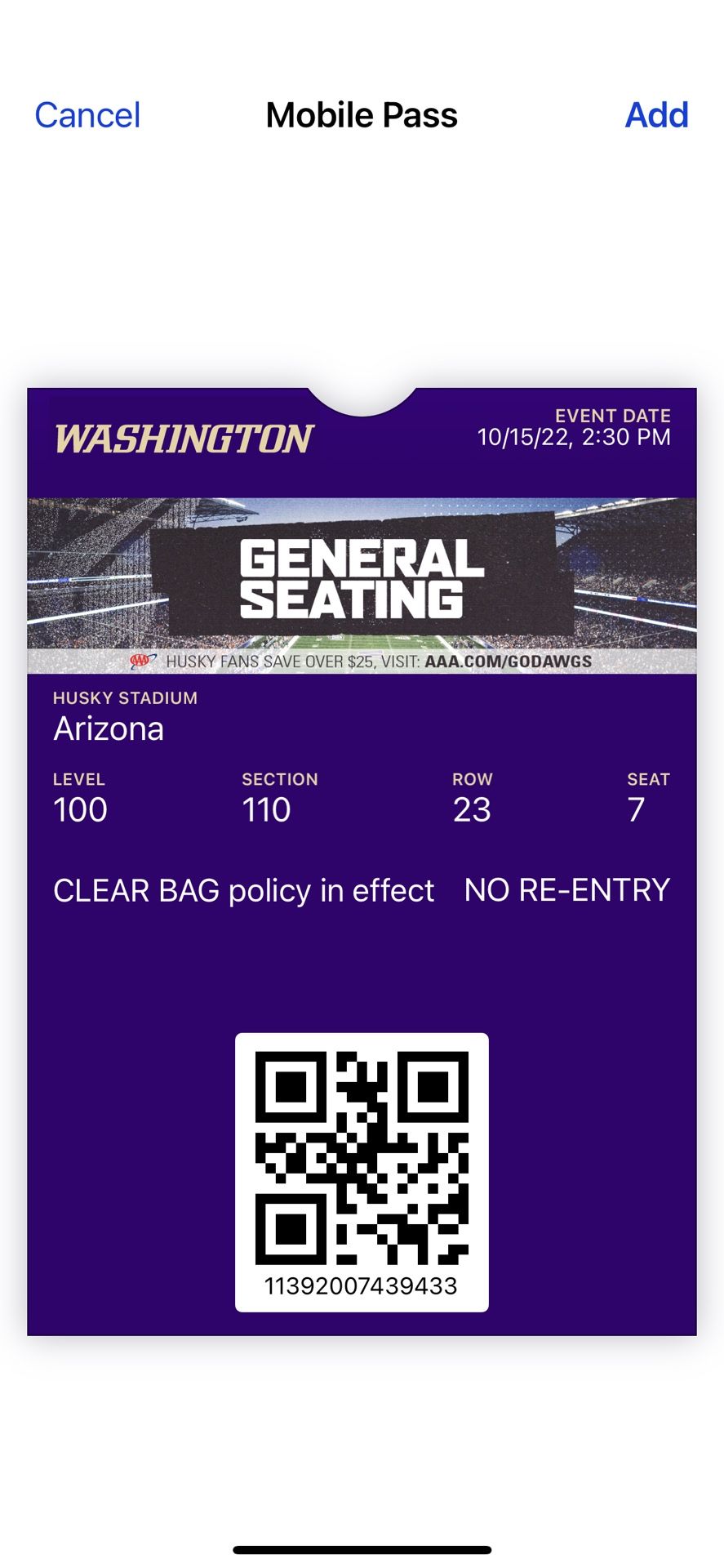Husky tickets VS Arizona Today