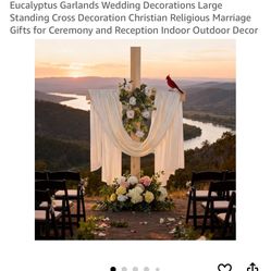 Justforjoyful 59” Wedding Wood Cross With White Ribbon And Eucalyptus Garland