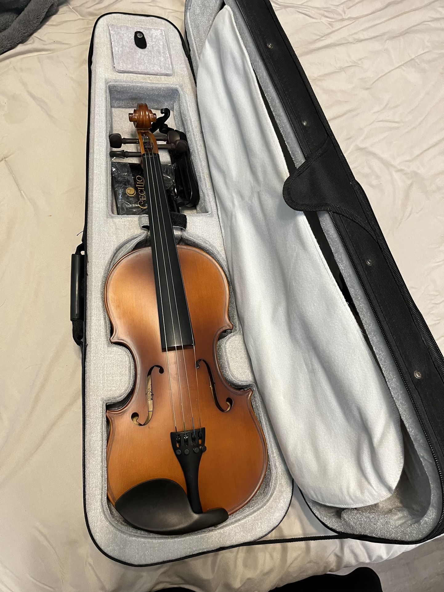 Mendini By Cecilio Violin - Size 1/2, Black Solid Wood - Flamed, w/Case, Shoulder Rest, Bow, High-Quality Rosin, and Extra Strings