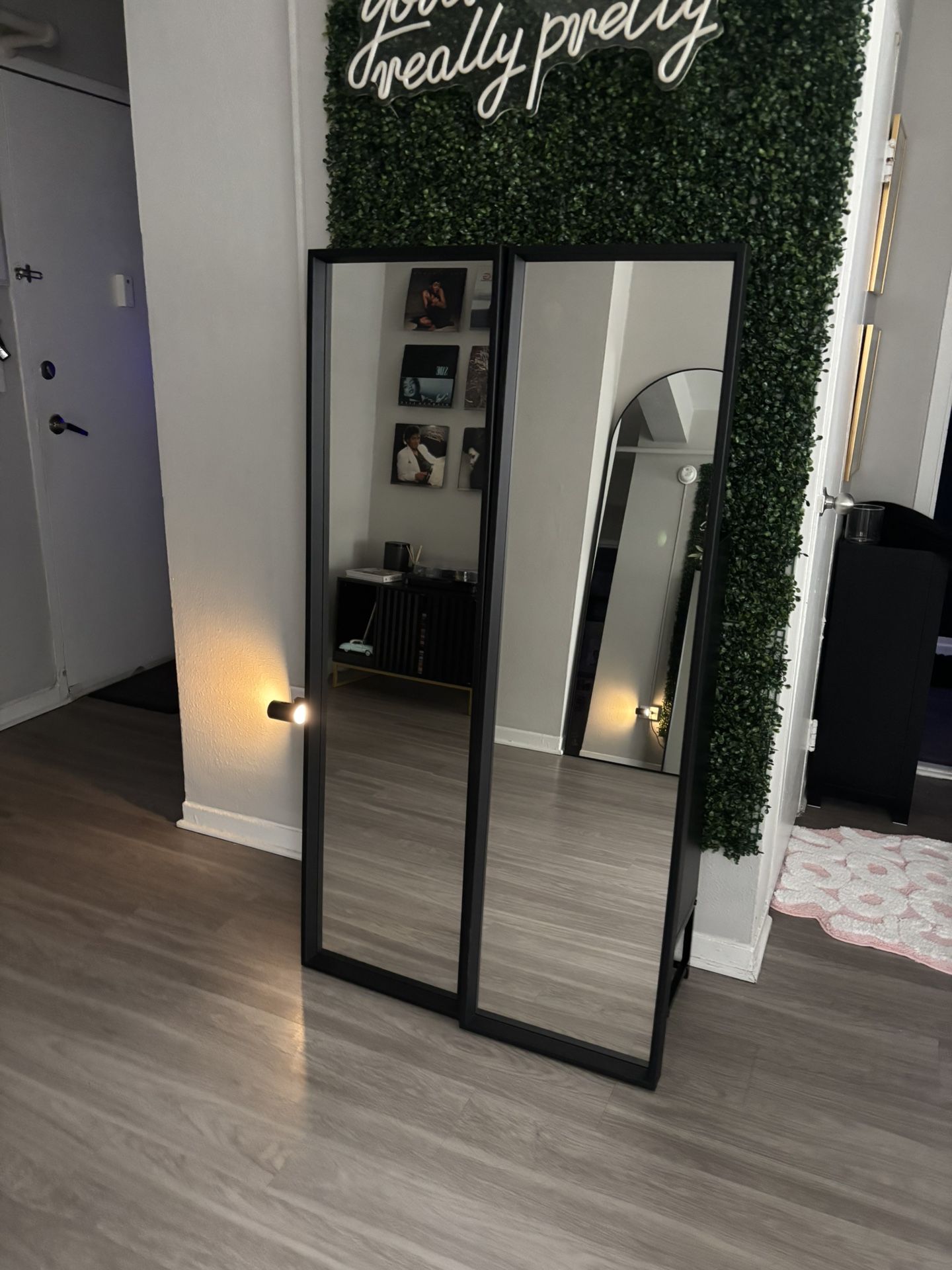 Set of 2 Black-Framed Wall Mirrors – Swing or Fixed Mount