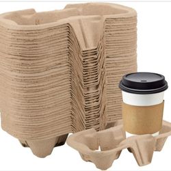 HOZEON 100-Pack 2-Cup Pulp Fiber Beverage Carriers, Coffee Cup Holder, Disposable Tray for Hot or Cold Drinks, for Cafes, Takeaway Shops