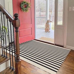 KOZYFLY 3'x5' Cotton Area Rug, Black and Beige Striped Outdoor Rug, Hand-Woven, Machine Washable, Perfect for Front Door, Kitchen, Living Room