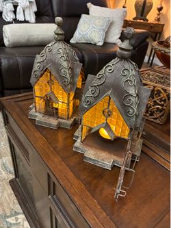 Vintage Style Metal and Amber Glass House Lanterns - Set of 2.  12”x 7”