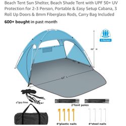 Beach Tent Sun Shelter, Beach Shade Tent with UPF 50+ UV Protection for 2-3 Person, Portable & Easy Setup Cabana, 3 Roll Up Doors & 8mm Fiberglass Rod