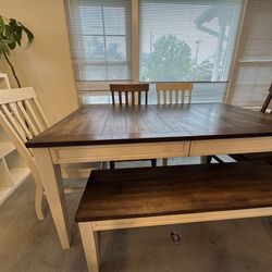 Wood Dining Table w/ insert plus chairs and bench