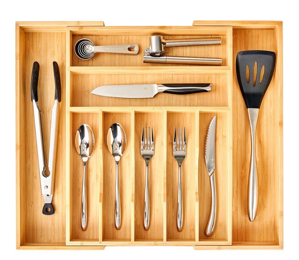 Umilife Large Expandable Kitchen Silverware Utensils Drawer Organizer, 2.5" Extra High Adjustable Drawer Divider with Curved Grooves, Bamboo Wood Cutl