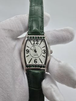 Women's Silver Tone Green Rhinestone Quartz Watch Faux Croc Strap Rectangle