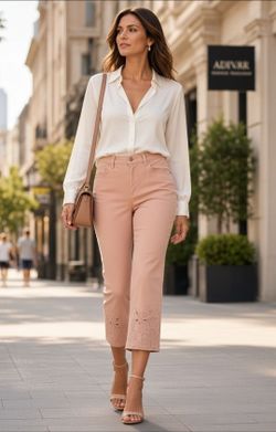 Gloria Vanderbilt Amanda "All Around Slimming Effect" Coral Embroidered Pockets. The standard factory and laying-flat measurements for a Size 10 from