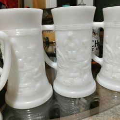 6 Vintage Milk Glass Steins 
