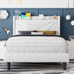 King Size Bed Frame with Charging Station, Upholstered Linen Bedframe with Wingback Headboard, Solid Wood Slats Support, No Box Spring Needed, Noise F