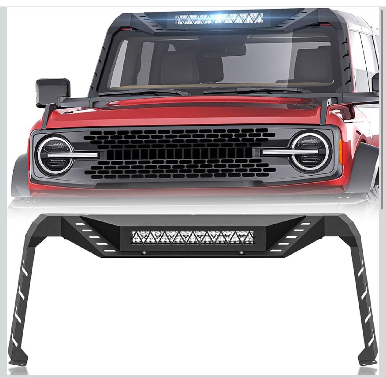 for Bronco Windshield Frame Cover with LED Light Bar Insert Front Roof Sun Visor Cowl Body Armor Compatible with 2021 2022 2023 2024 2025 Ford Bronco,