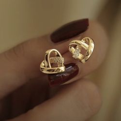 Gold Heart Earrings Post Backs W Diamonds