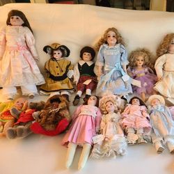 12 assorted Antique Dolls/includes GERMAN BISQUE DOLL AND ORIGINAL TEDDY BEAR