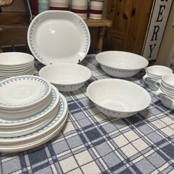 Corelle 54 Piece Snowflake Blue Dinnerware Set With Serving Dishes 