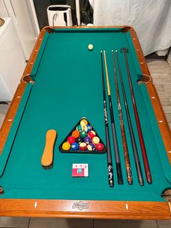 Pool Table with Balls, Cues, and Accessories