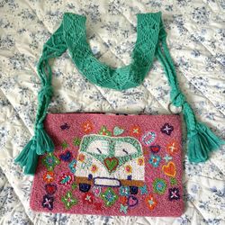 ANTICA SARTORIA  PURSE with beaded 60'S MOTIF BUS and a macrame strap