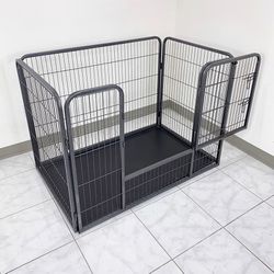 (NEW) $110 Heavy Duty Pet Playpen w/ Plastic Tray, Dog Cage Kennel 4 Panels,  L49” x W32” x H35”