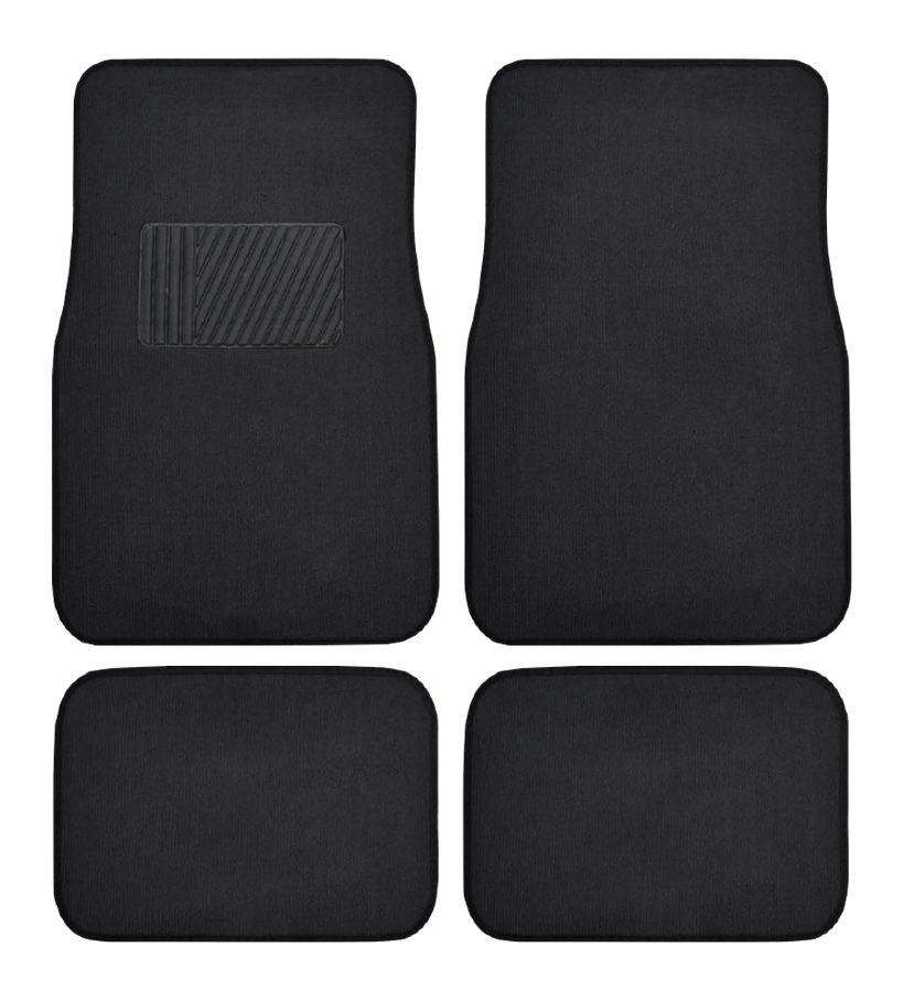 BDK 4PC Set of Carpet Car Floor Mats with Vinyl Safety Heel Pad for Car, Truck, SUV, Coupe Sedan, Black, New-Open package