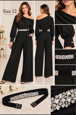 Donna Karan Black One-Shoulder Jumpsuit with Rhinestone Belt, Size 12