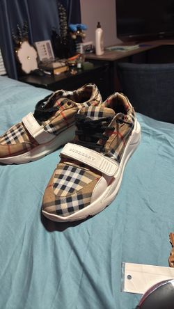 Check,suede and leather Burberry sneakers