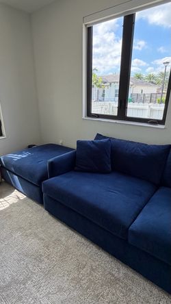 Crate & Barrel Navy Blue Sofa with Oversized Ottoman