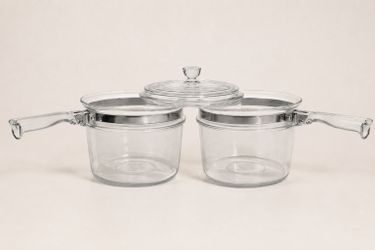 Vintage Pyrex Flameware Double Boiler 6283 Glass Pot Set w Lid