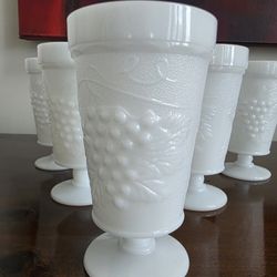 Set Of 6 Milk glass footed goblets with grape and leaf pattern