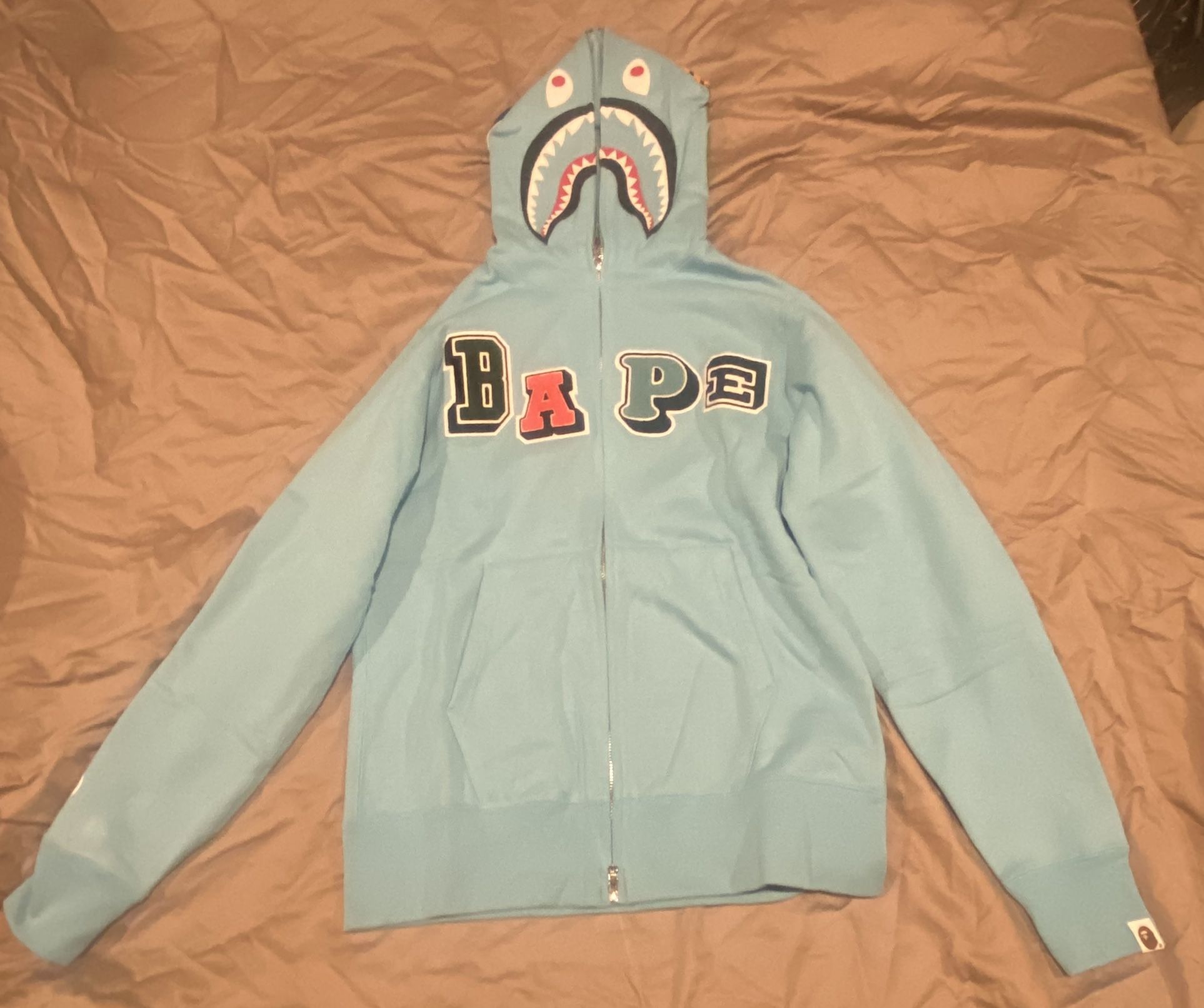 Bape Hoodie A BATHING APE multi fonts shark full zip hoody sax-L