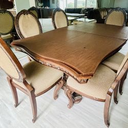 Elegant Carved Wood Dining Table w/ 6 Chairs + Table Cover & Leaf