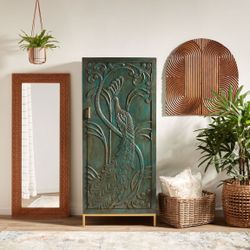 CRAFT Tall Teal Carved Wood Peacock Storage Cabinet $550