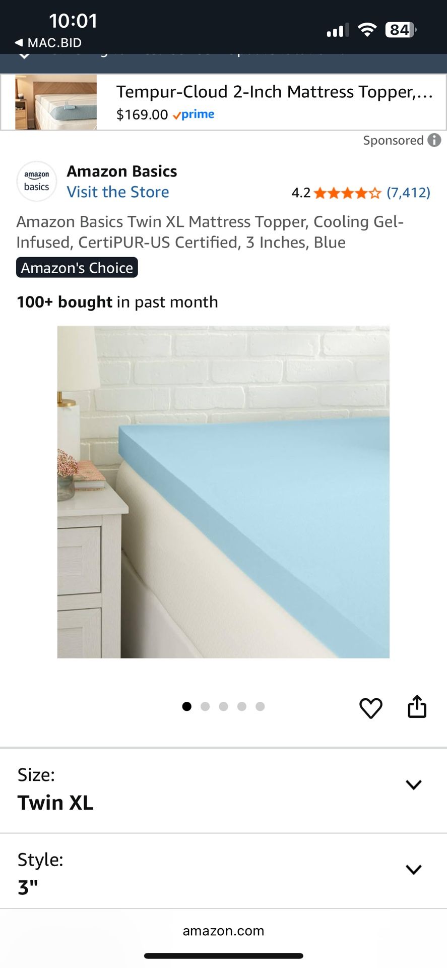 Amazon Basics 3” Gel Infused Mattress Topper Twin xL Size