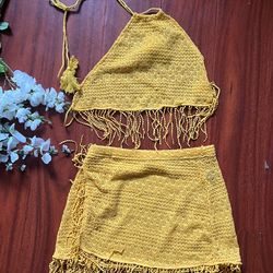 Summer Festival Rave Beach Yellow Knitted Fringe  Set size small