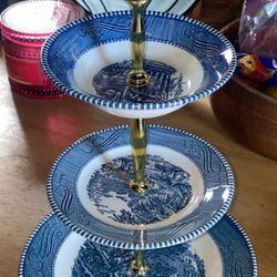 Vintage Royal Ironstone 3 Tier Dessert Plate Display Currier & Ives Farmhouse