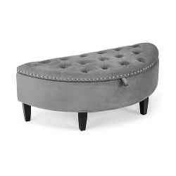 House of Hampton Grey Half Moon 49" Wide Grey Velvet Tufted Storage Bench
