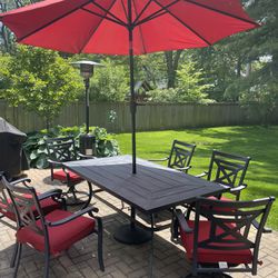 Metal Outdoor Table, Chairs And Umbrella