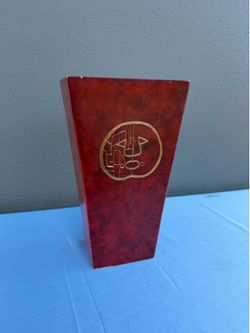 Sandy Red Rectangular Wooden Decorative Box, Collectible Gold Symbol