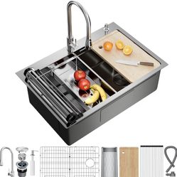 33X22 Drop In Kitchen Sink, 304 Stainless Steel Workstation Sink, Pop-Up Drain, Upgraded Fast Drain & Anti-Clog, Topmount Single Bowl with Accessories