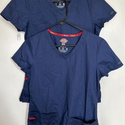 LOT OF 2 DICKIES BLUE SCRUB TOPS SIZE XS