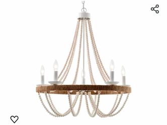 4439: New in box Wood Beaded Chandelier 5 Lights Boho Candle French Country Farmhouse Chandelier Bohemia Pendant Light for Living Room Dining Room Kit