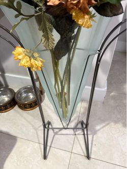 Tall Floor Vase with Metal Stand and Faux Flowers