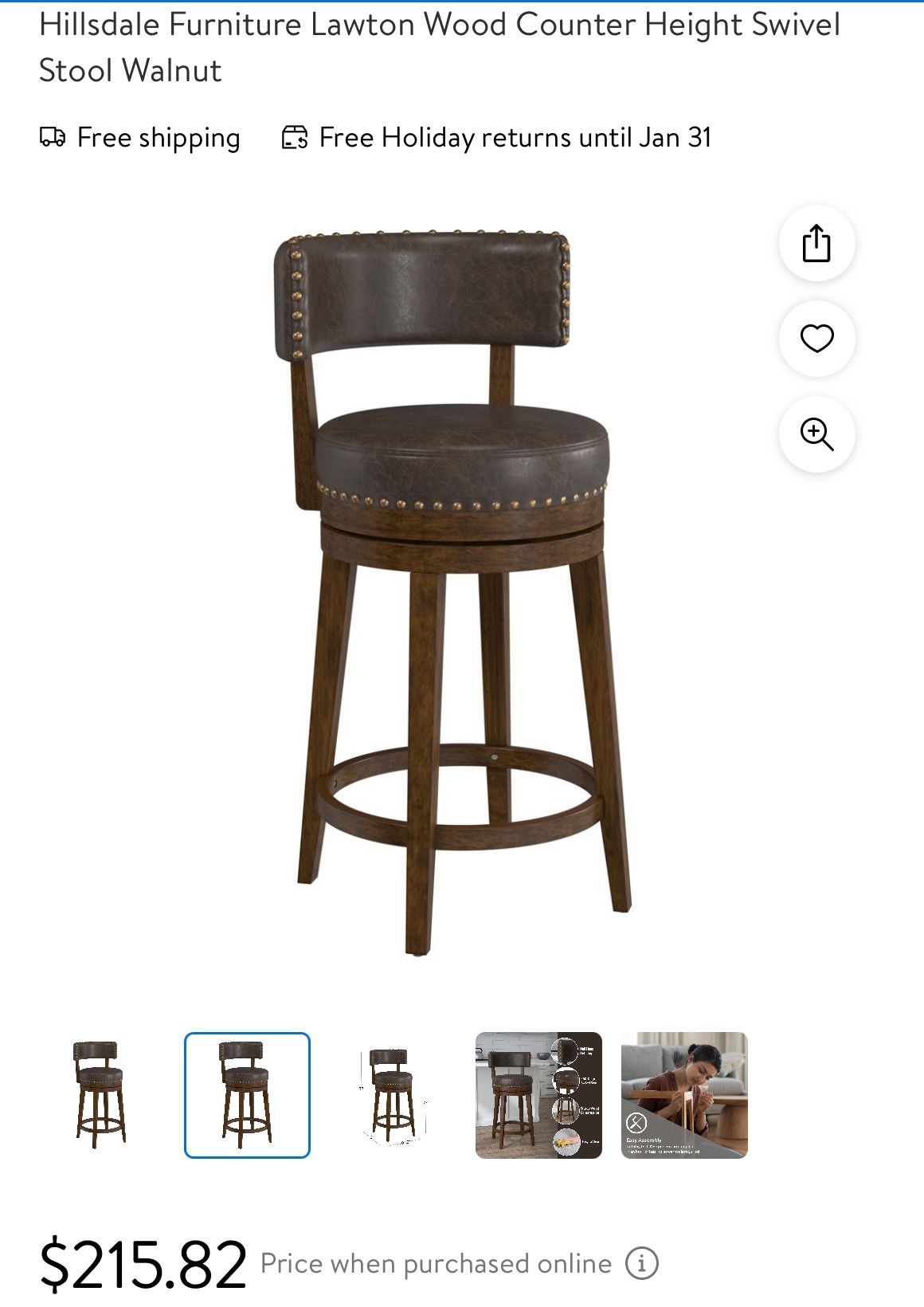New Hillsdaler Furniture Lawton Wood Counter Height Swivel Stool Walnut