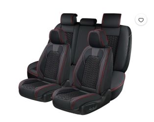 Coverado Black Car Seat Covers Full Set, Faux Leather Seat Protectors with Embossed Grains, Front and Back Auto Cushions Universal Fit Most Cars, Seda