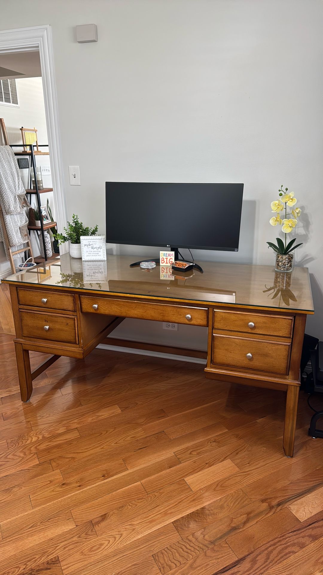 Solid Wood Desk with Glass on Top from Darvin