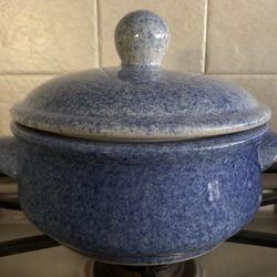 Antique Blue Speckled Spongeware Ceramic Casserole Dish & Lid with Lug Handles