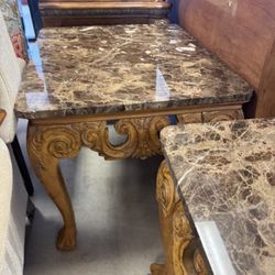 Pair Of Vintage Carved Wood Marble Top Side Tables - Excellent Condition 