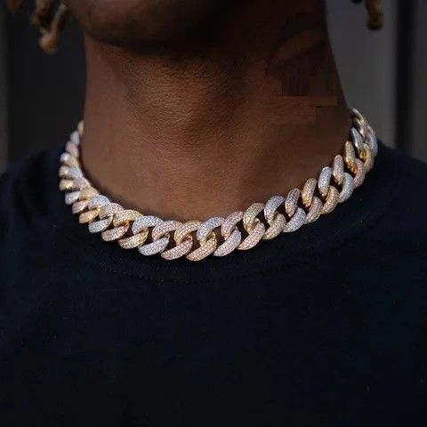3-Tone 18K Gold Plated Simulated Diamond Cuban Link Chain