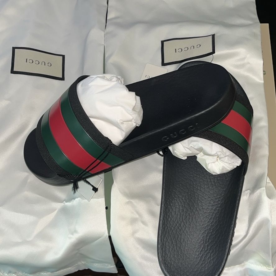 NEW Gucci Mens Web Rubber Slide Red Green Black  Size 8.5US  8 UK